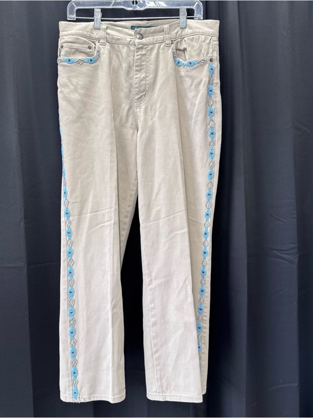 Lauren Ralph Lauren Beige Straight-Leg Jeans with Blue Embroidered beaded Trim